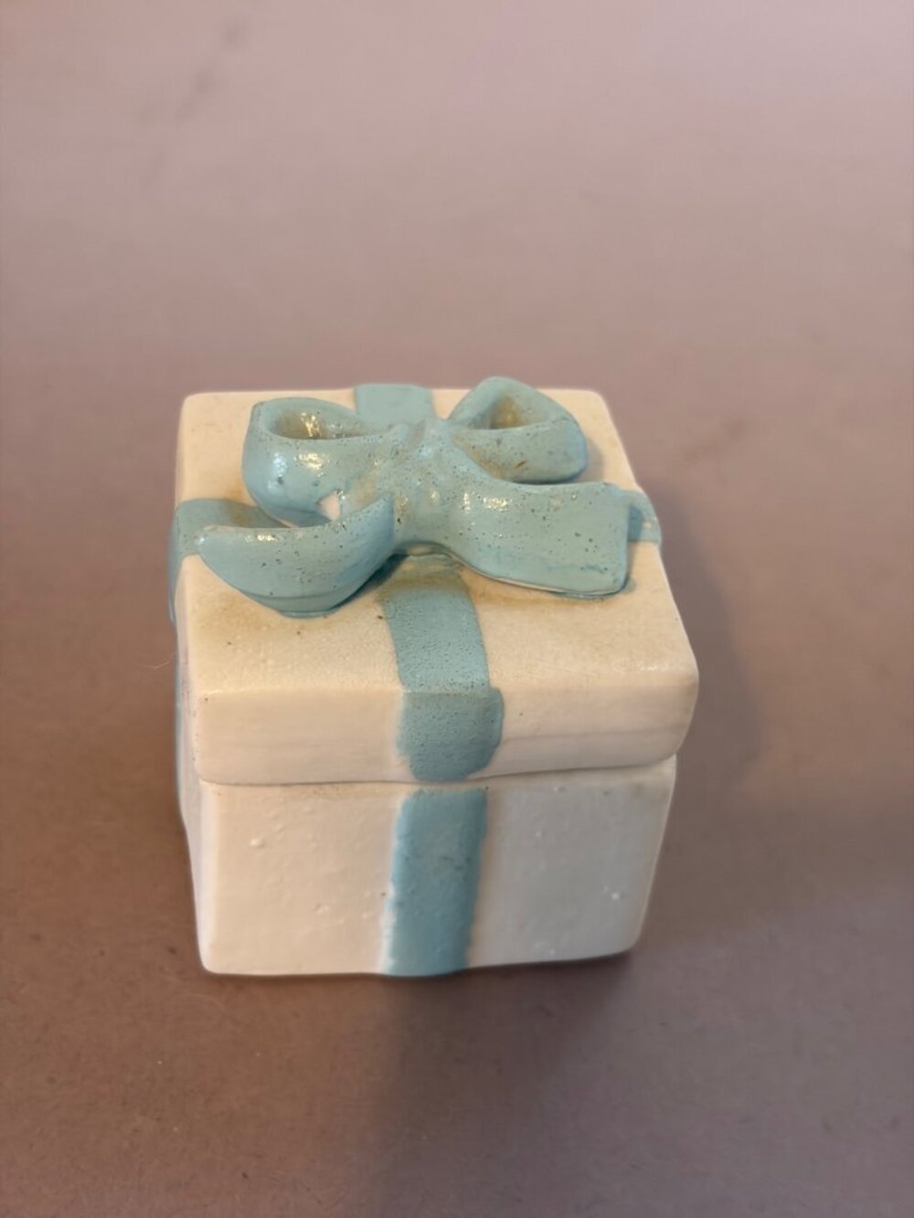 Ceramic Gift Box Trinket Dish With Blue Ribbon Design